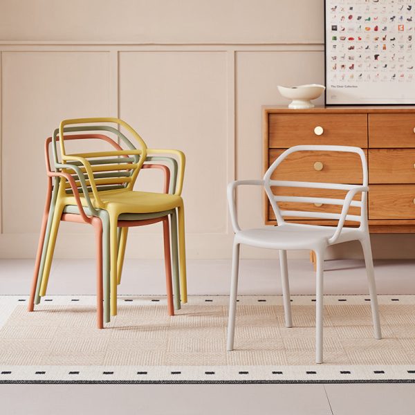 Contemporary Nordic PE Square Curved Geometric Line Dining Chair With Backrest And Armrests For Dining Room - Image 22