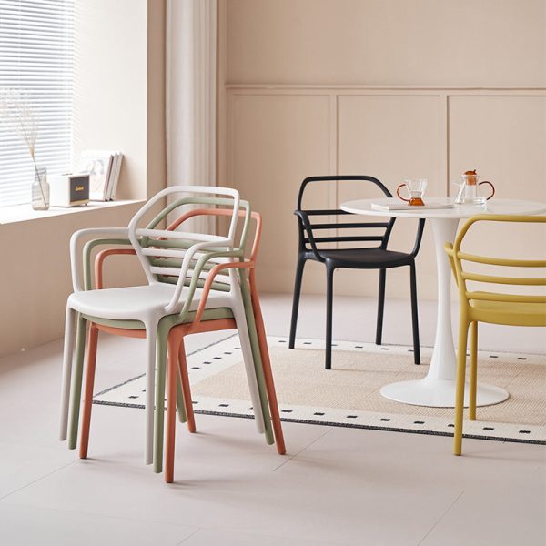 Contemporary Nordic PE Square Curved Geometric Line Dining Chair With Backrest And Armrests For Dining Room - Image 23