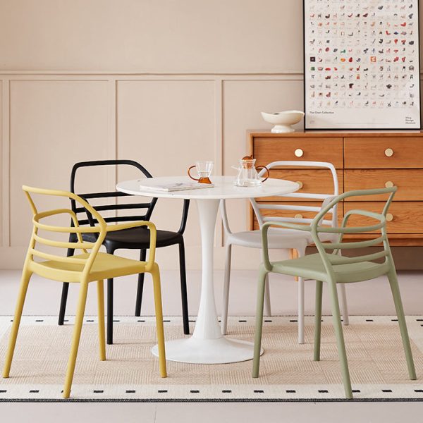 Contemporary Nordic PE Square Curved Geometric Line Dining Chair With Backrest And Armrests For Dining Room - Image 5