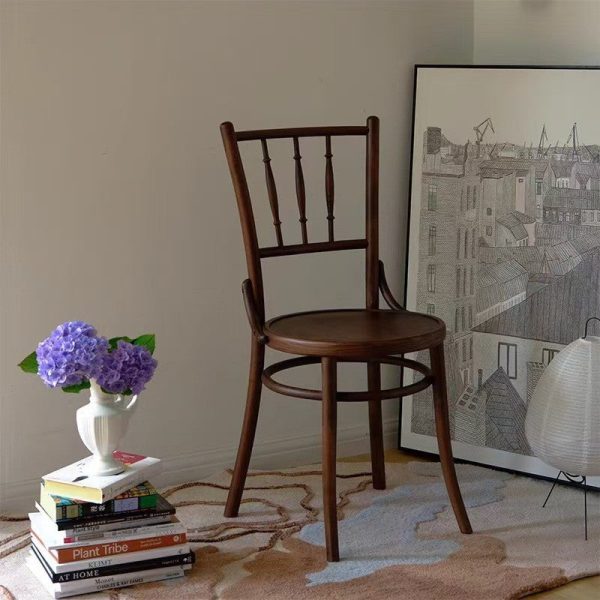 Contemporary Retro Beech Wood & Rattan Round Dining Chair With Backrest And Footrest For Dining Room - Image 2