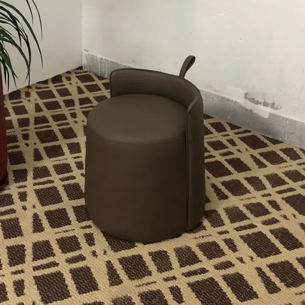 Contemporary Nordic Round Cylinder Leather Wood Vanity Stool Low Backrest For Bedroom - Image 9