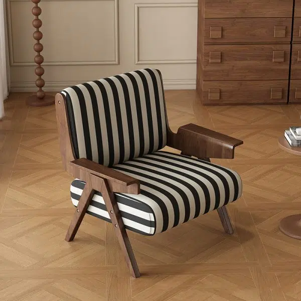 Traditional French Rectangular Striped Fabric Ash Wood Accent Chair Backrest Armrest For Living Room - Image 2