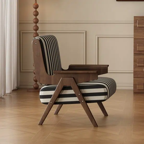 Traditional French Rectangular Striped Fabric Ash Wood Accent Chair Backrest Armrest For Living Room - Image 10