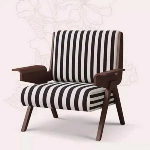 Traditional French Rectangular Striped Fabric Ash Wood Accent Chair Backrest Armrest For Living Room - Image 5