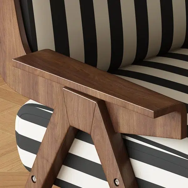 Traditional French Rectangular Striped Fabric Ash Wood Accent Chair Backrest Armrest For Living Room - Image 7