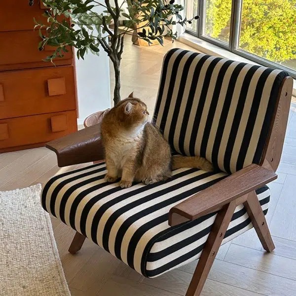 Traditional French Rectangular Striped Fabric Ash Wood Accent Chair Backrest Armrest For Living Room - Image 3