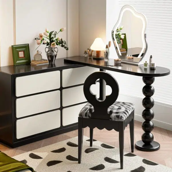 Traditional French Round Clover Backrest Square Upholstered Fabric Wood Vanity Stool For Bedroom - Image 7