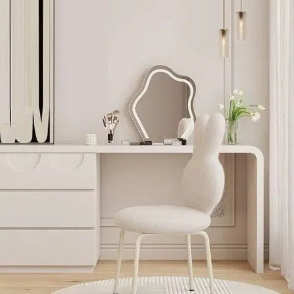 Contemporary Creative Round Upholstered Bunny Shape Backrest Lambswool Plank Iron Vanity Stool For Bedroom - Image 8