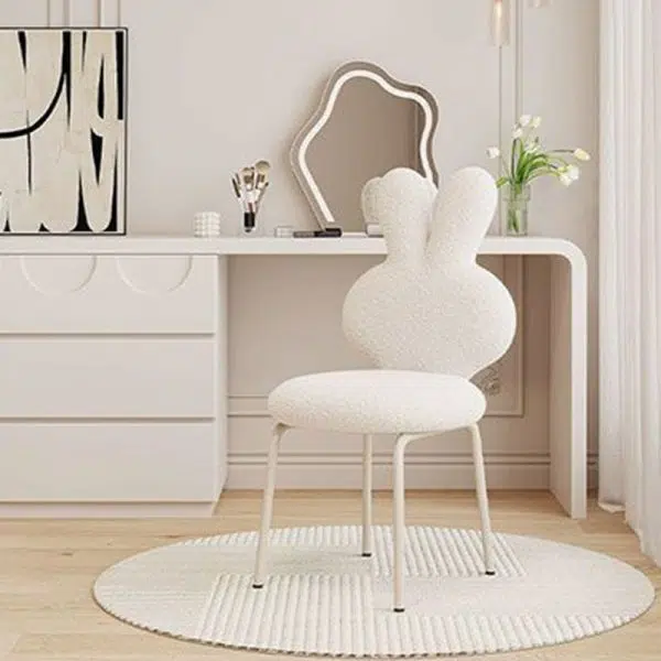 Contemporary Creative Round Upholstered Bunny Shape Backrest Lambswool Plank Iron Vanity Stool For Bedroom - Image 2