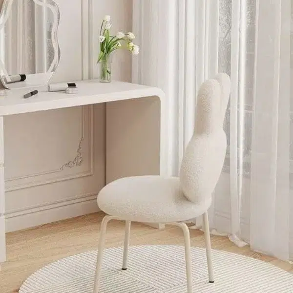 Contemporary Creative Round Upholstered Bunny Shape Backrest Lambswool Plank Iron Vanity Stool For Bedroom - Image 7