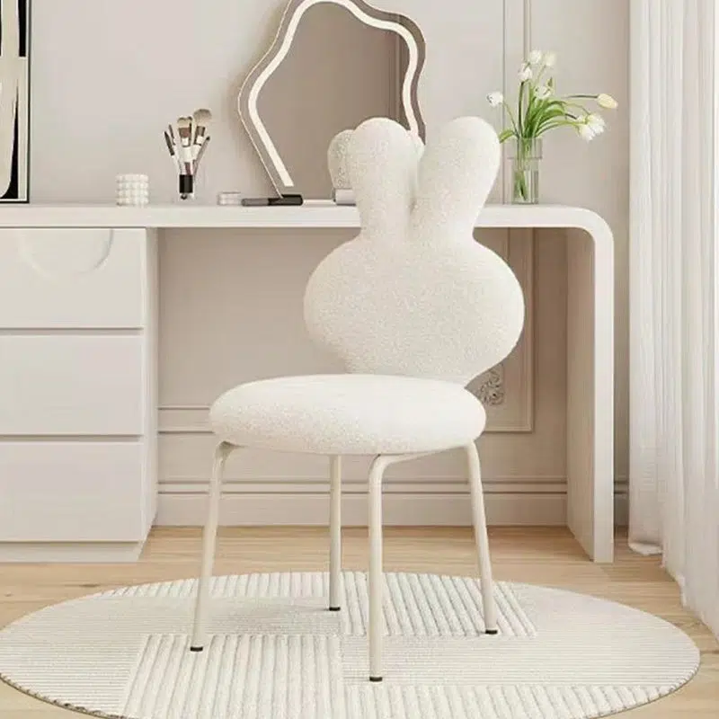 BS-Chair-FC04176-2.jpg Contemporary Creative Round Upholstered Bunny Shape Backrest Lambswool Plank Iron Vanity Stool For Bedroom - Image 1