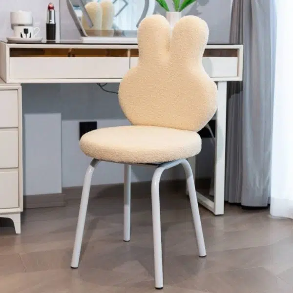 Contemporary Creative Round Upholstered Bunny Shape Backrest Lambswool Plank Iron Vanity Stool For Bedroom - Image 11