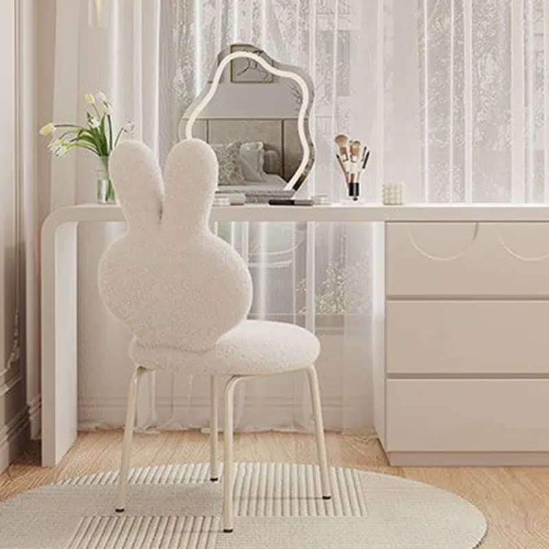 BS-Chair-FC04176-9.jpg Contemporary Creative Round Upholstered Bunny Shape Backrest Lambswool Plank Iron Vanity Stool For Bedroom - Image 3