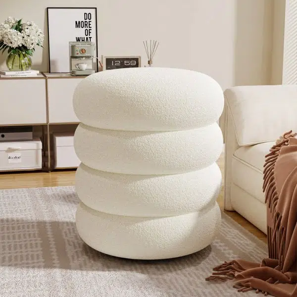 Contemporary Creative Multi-Level Round Lambswool Solid Wood Frame Low Stool For Living Room - Image 2