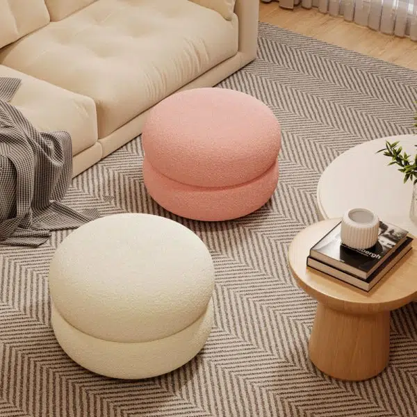 Contemporary Creative Multi-Level Round Lambswool Solid Wood Frame Low Stool For Living Room - Image 16