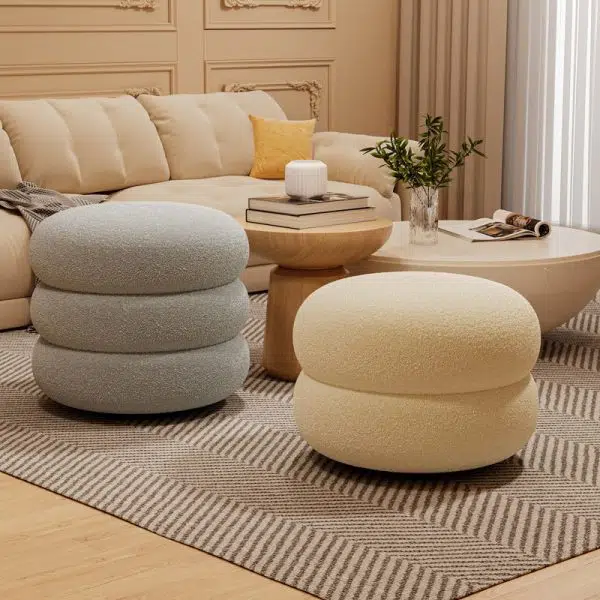 Contemporary Creative Multi-Level Round Lambswool Solid Wood Frame Low Stool For Living Room - Image 19