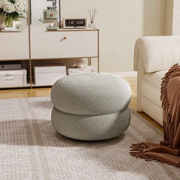 Contemporary Creative Multi-Level Round Lambswool Solid Wood Frame Low Stool For Living Room - Image 3