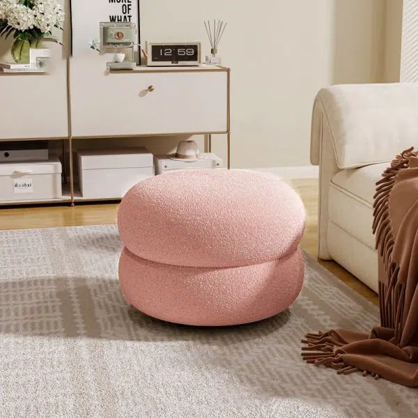 Contemporary Creative Multi-Level Round Lambswool Solid Wood Frame Low Stool For Living Room - Image 9