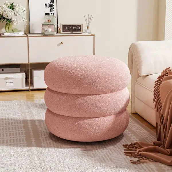 Contemporary Creative Multi-Level Round Lambswool Solid Wood Frame Low Stool For Living Room - Image 10