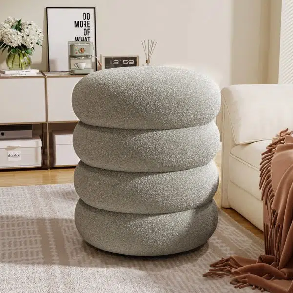 Contemporary Creative Multi-Level Round Lambswool Solid Wood Frame Low Stool For Living Room - Image 11