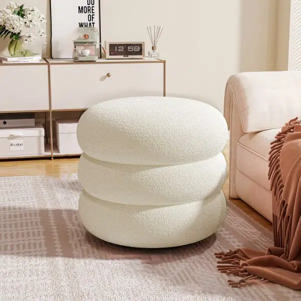 Contemporary Creative Multi-Level Round Lambswool Solid Wood Frame Low Stool For Living Room - Image 12