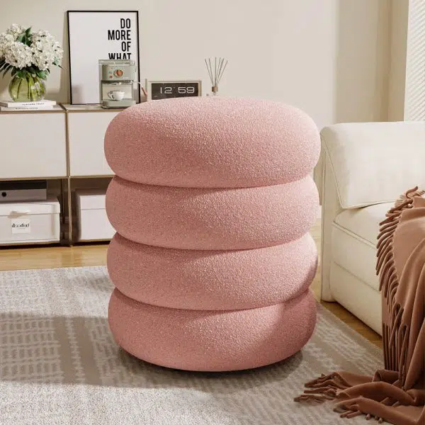 Contemporary Creative Multi-Level Round Lambswool Solid Wood Frame Low Stool For Living Room - Image 13