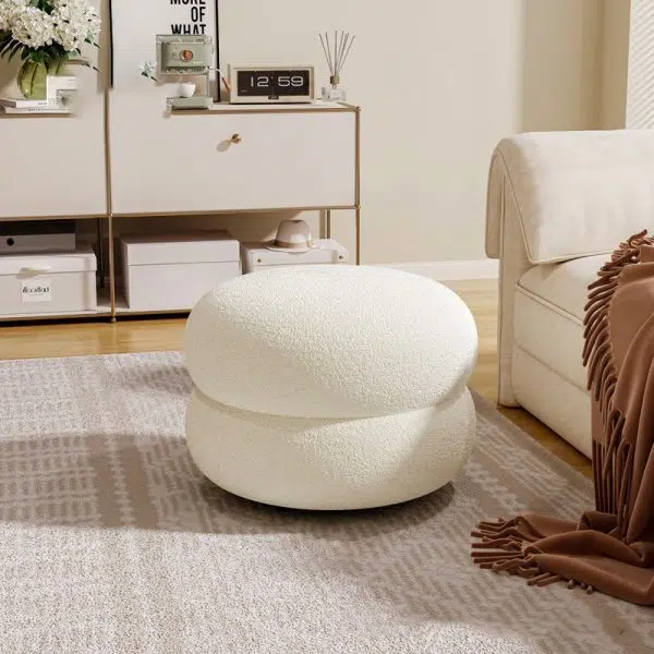 Contemporary Creative Multi-Level Round Lambswool Solid Wood Frame Low Stool For Living Room - Image 14