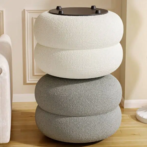 Contemporary Creative Multi-Level Round Lambswool Solid Wood Frame Low Stool For Living Room - Image 15