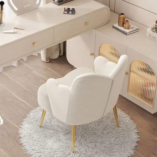 Contemporary Creative Cream Lambswool Upholstered Metal Vanity Stool Backrest Armrest For Bedroom - Image 9
