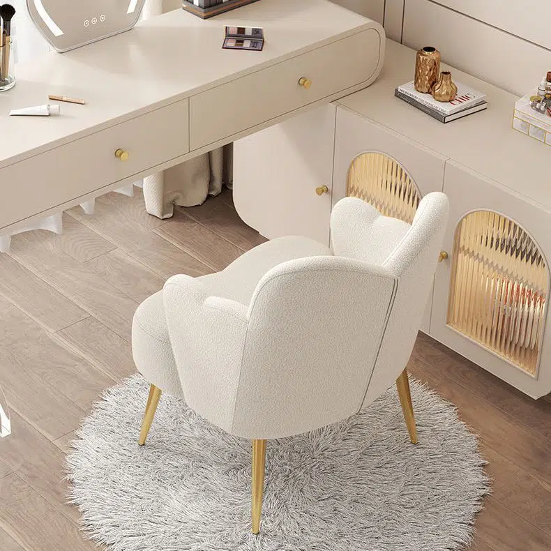 BS-Chair-FC04290-10.jpg Contemporary Creative Cream Lambswool Upholstered Metal Vanity Stool Backrest Armrest For Bedroom - Image 9
