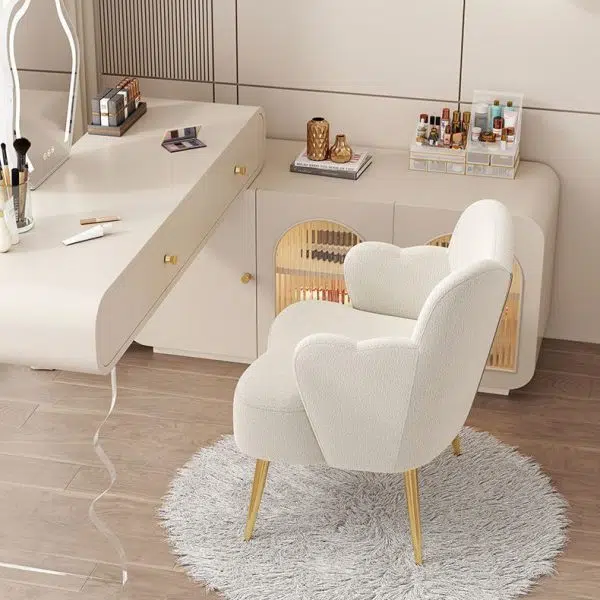 Contemporary Creative Cream Lambswool Upholstered Metal Vanity Stool Backrest Armrest For Bedroom - Image 8