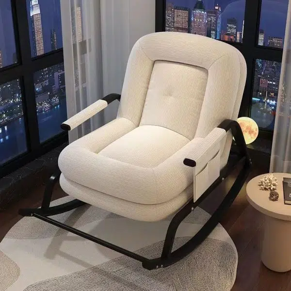 Contemporary Nordic Corduroy Leather Metal Cotton Sponge Square Rocking Chair Backrest Adjustable For Living Room - Image 17