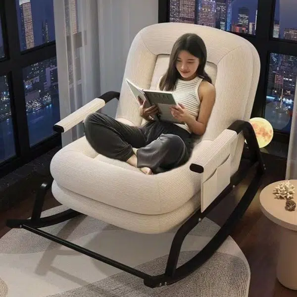 Contemporary Nordic Corduroy Leather Metal Cotton Sponge Square Rocking Chair Backrest Adjustable For Living Room - Image 20