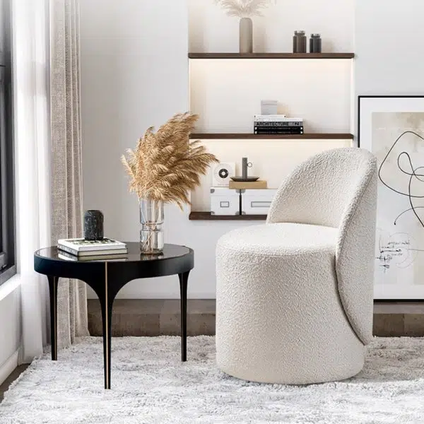 Modern Simplicity Lambswool Fleece Leather Wood Sponge Thumb Round Curved Vanity Stool Backrest Swivel For Bedroom - Image 25