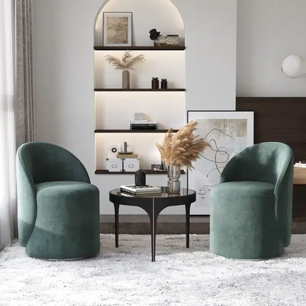 Modern Simplicity Lambswool Fleece Leather Wood Sponge Thumb Round Curved Vanity Stool Backrest Swivel For Bedroom - Image 6