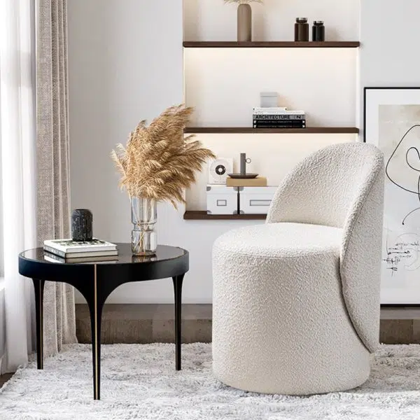 Modern Simplicity Lambswool Fleece Leather Wood Sponge Thumb Round Curved Vanity Stool Backrest Swivel For Bedroom - Image 27