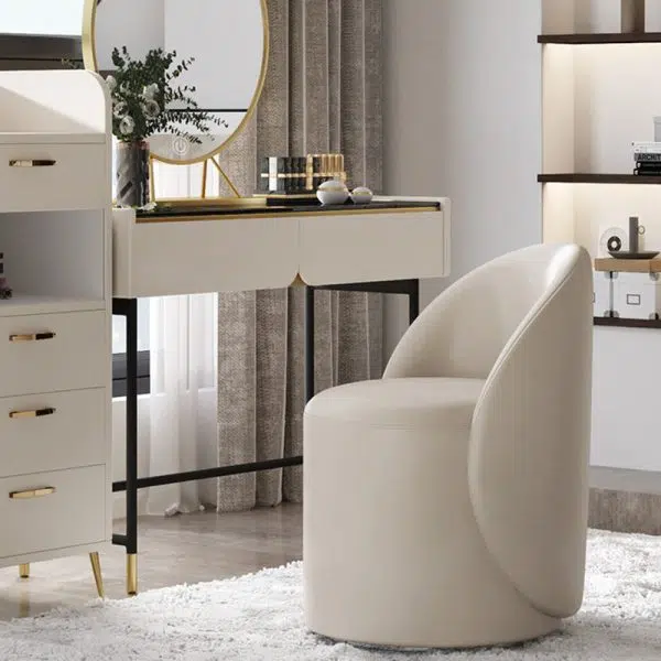 Modern Simplicity Lambswool Fleece Leather Wood Sponge Thumb Round Curved Vanity Stool Backrest Swivel For Bedroom - Image 3