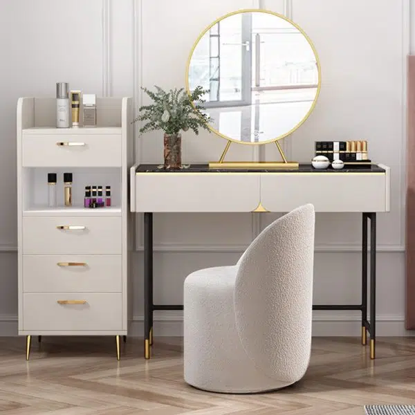 Modern Simplicity Lambswool Fleece Leather Wood Sponge Thumb Round Curved Vanity Stool Backrest Swivel For Bedroom - Image 8