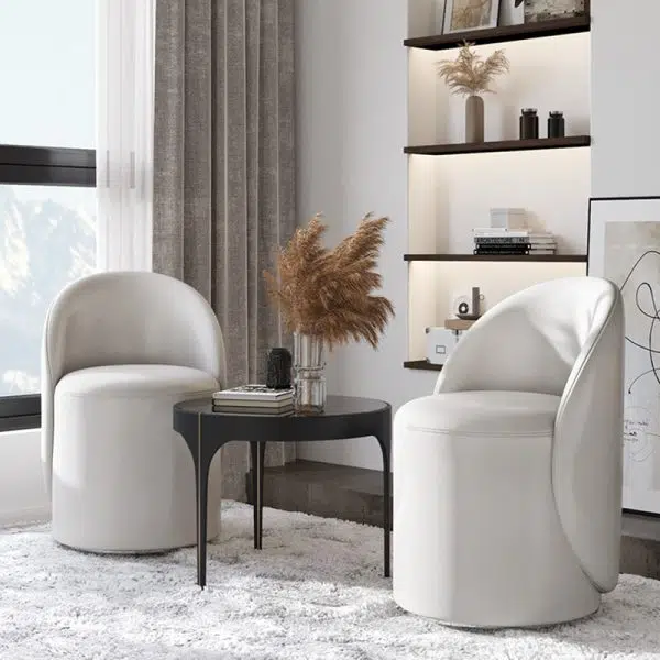 Modern Simplicity Lambswool Fleece Leather Wood Sponge Thumb Round Curved Vanity Stool Backrest Swivel For Bedroom - Image 2