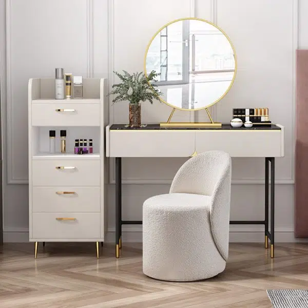 Modern Simplicity Lambswool Fleece Leather Wood Sponge Thumb Round Curved Vanity Stool Backrest Swivel For Bedroom - Image 4