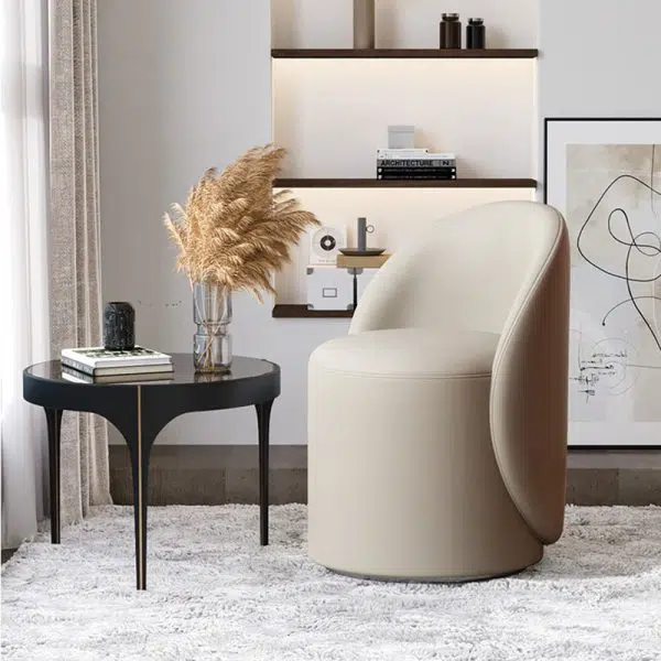 Modern Simplicity Lambswool Fleece Leather Wood Sponge Thumb Round Curved Vanity Stool Backrest Swivel For Bedroom - Image 29