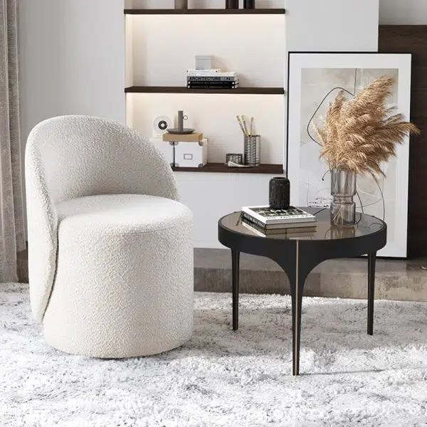 Modern Simplicity Lambswool Fleece Leather Wood Sponge Thumb Round Curved Vanity Stool Backrest Swivel For Bedroom - Image 30