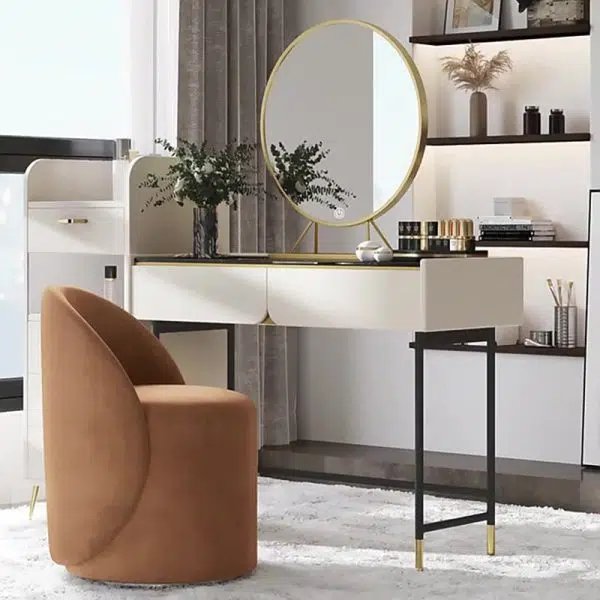 Modern Simplicity Lambswool Fleece Leather Wood Sponge Thumb Round Curved Vanity Stool Backrest Swivel For Bedroom - Image 5