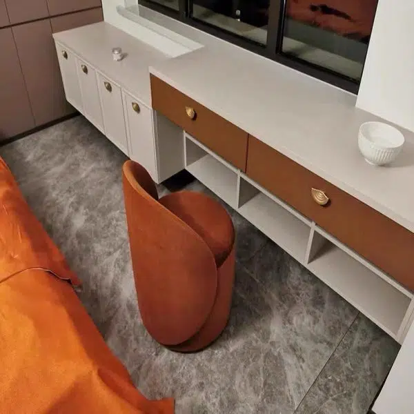 Modern Simplicity Lambswool Fleece Leather Wood Sponge Thumb Round Curved Vanity Stool Backrest Swivel For Bedroom - Image 16