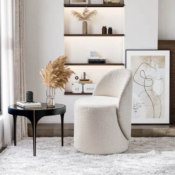 Modern Simplicity Lambswool Fleece Leather Wood Sponge Thumb Round Curved Vanity Stool Backrest Swivel For Bedroom - Image 17