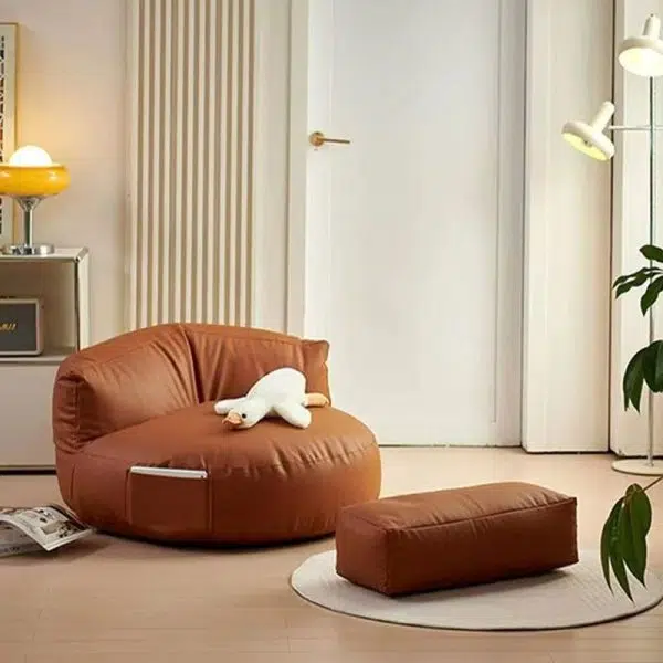 Contemporary Retro Leather EPS Semicircular Bean Bag Lazy Sofa Footrest Backrest For Living Room - Image 3