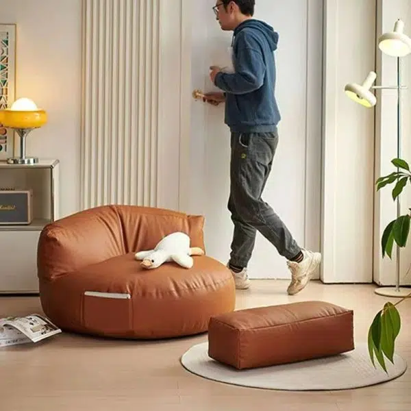Contemporary Retro Leather EPS Semicircular Bean Bag Lazy Sofa Footrest Backrest For Living Room - Image 31