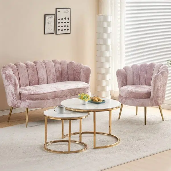 Contemporary Scandinavian Velvet Wood Sponge Metal Round Oval Petal Sofa Backrest Armrest For Living Room - Image 18