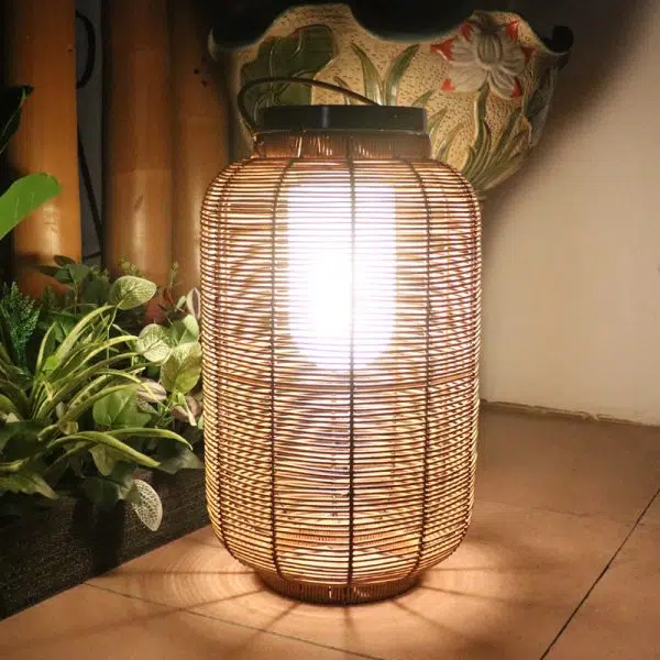 Traditional Japanese Solar Waterproof Weaving PE Rattan Acrylic Iron Cylindrical Lantern LED Landscape Lighting For Garden & Outdoor Patio - Image 4
