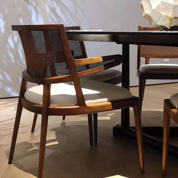 Traditional Vintage Microfiber Leather, Wood & Rattan Curved Dining Chair For Dining Room, Living Room And Bedroom - Image 2